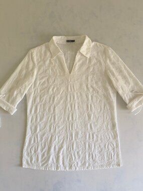 Giordano 100% Cotton White Embroidered Floral Blouse